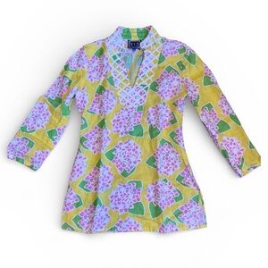 Sail To Sable Women’s Sz S Yellow Pink Floral Linen Tunic Top A-Line